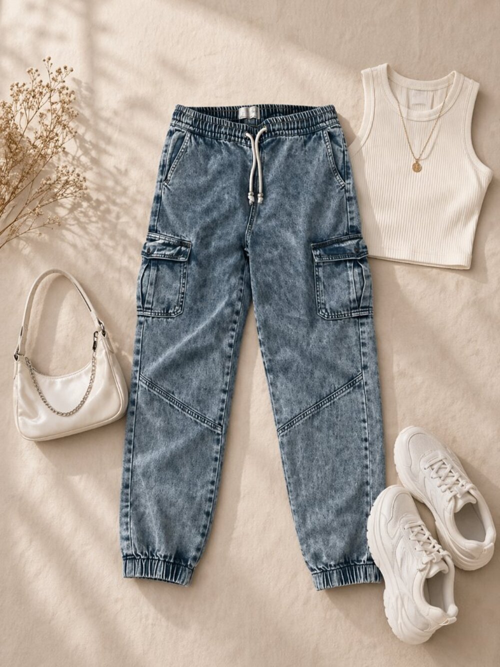 Gilded Intent Acid Wash Denim Cargo Joggers in Blue